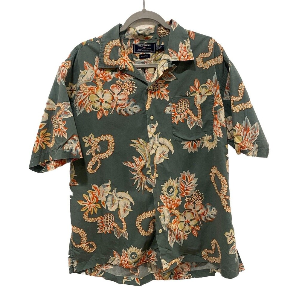 Vintage POLO SPORT Aloha Shirt Cotton Green Floral Men's Size Large